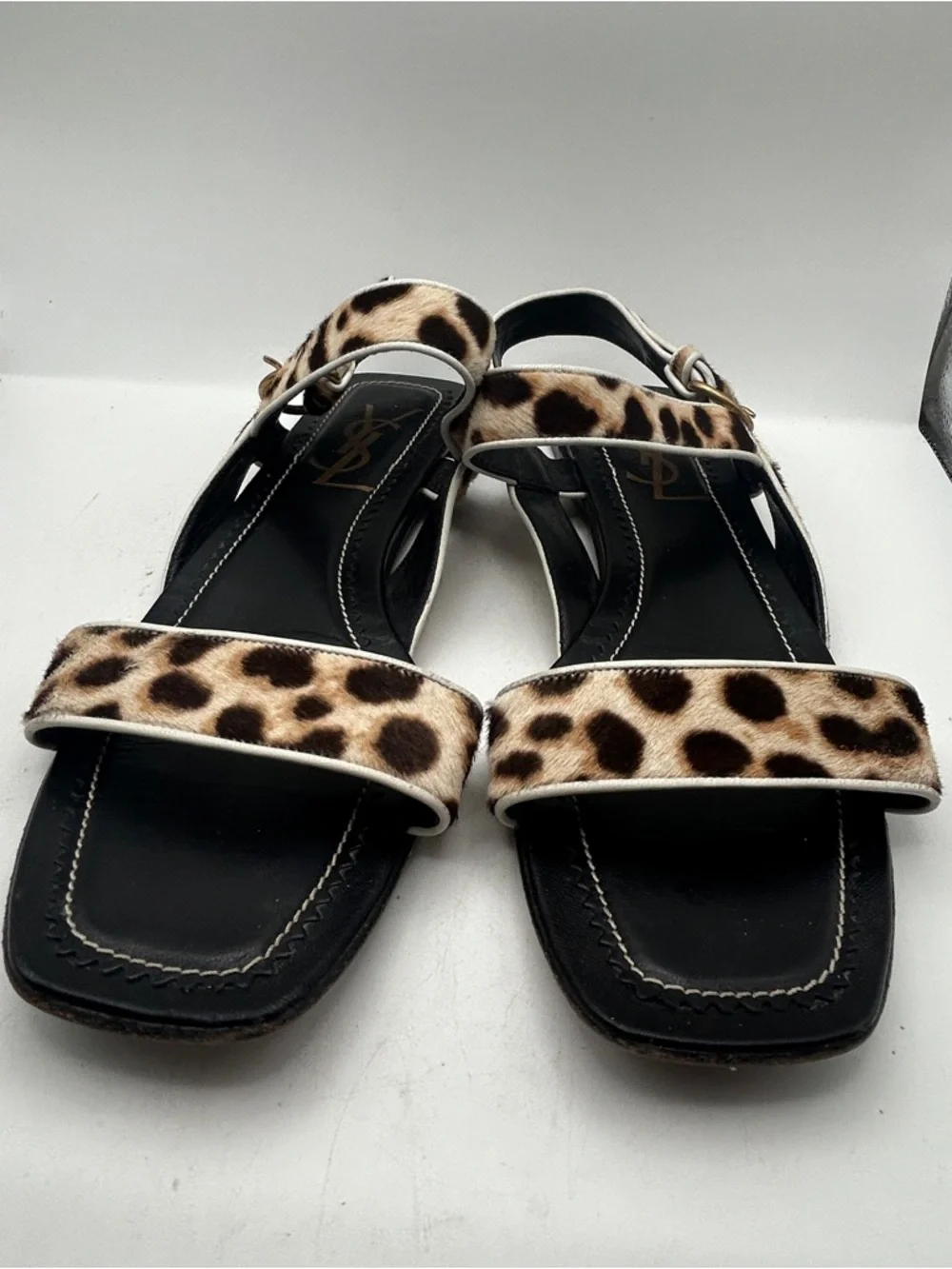Womens YSL Leopard Calf Hair Sandals Flat Strappy Square Toe Italy 40 luxury - Picture 5 of 13